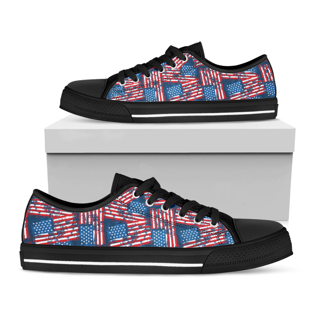 Grunge American Flag Pattern Print Black Low Top Shoes