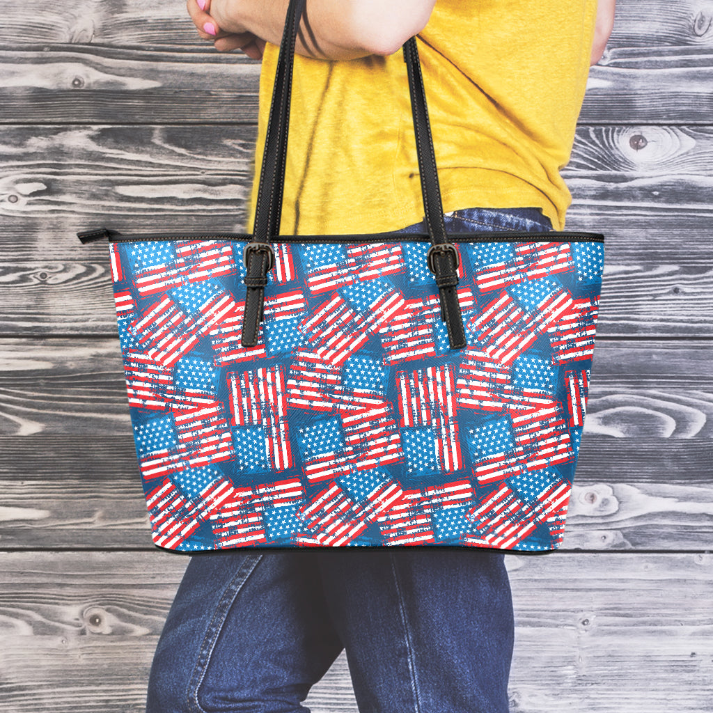 Grunge American Flag Pattern Print Leather Tote Bag