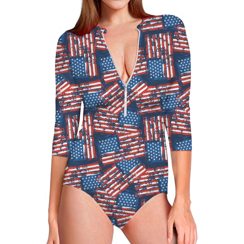 Grunge American Flag Pattern Print Long Sleeve One Piece Swimsuit