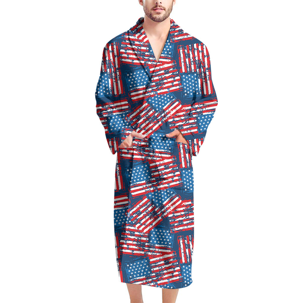 Grunge American Flag Pattern Print Men's Bathrobe