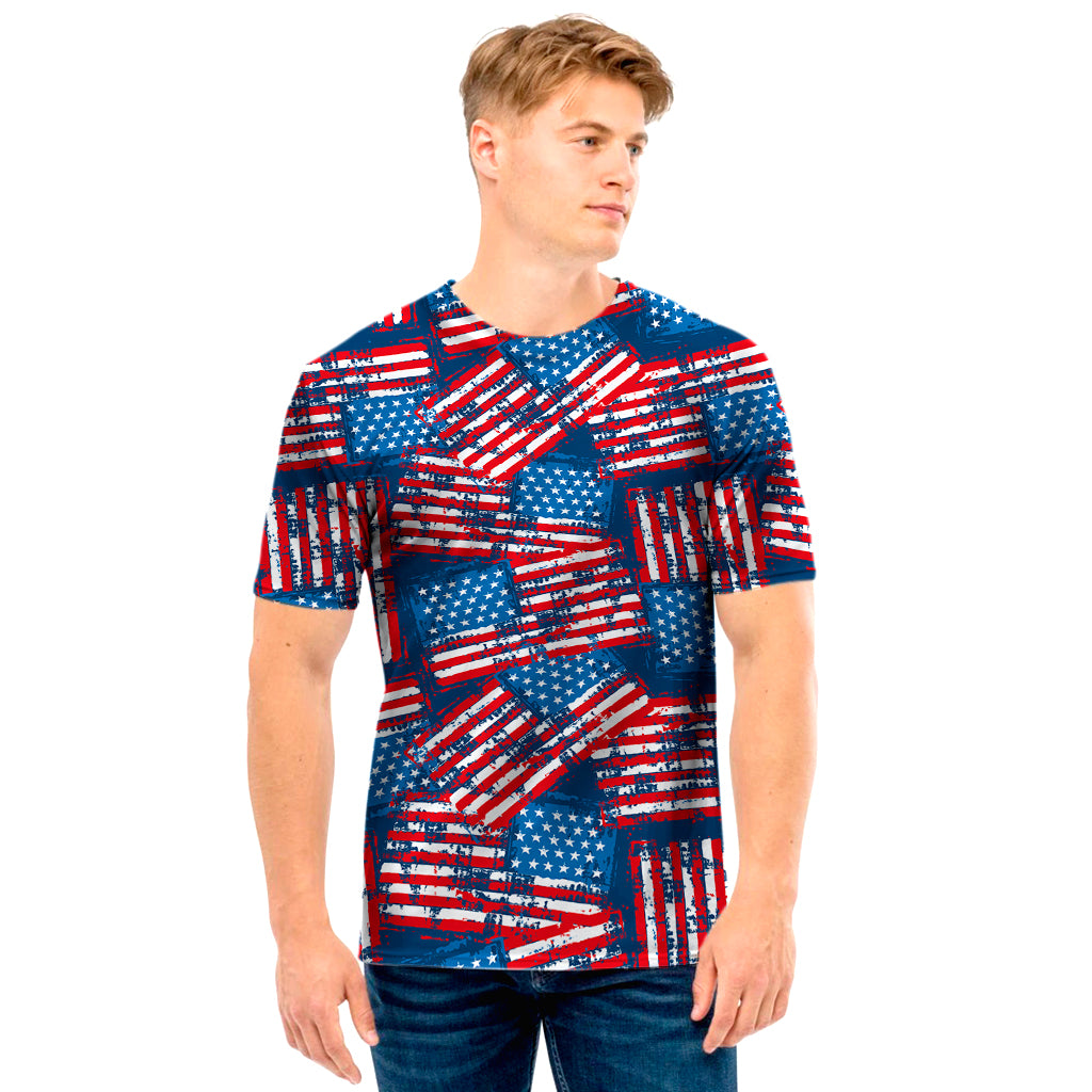 Grunge American Flag Pattern Print Men's T-Shirt