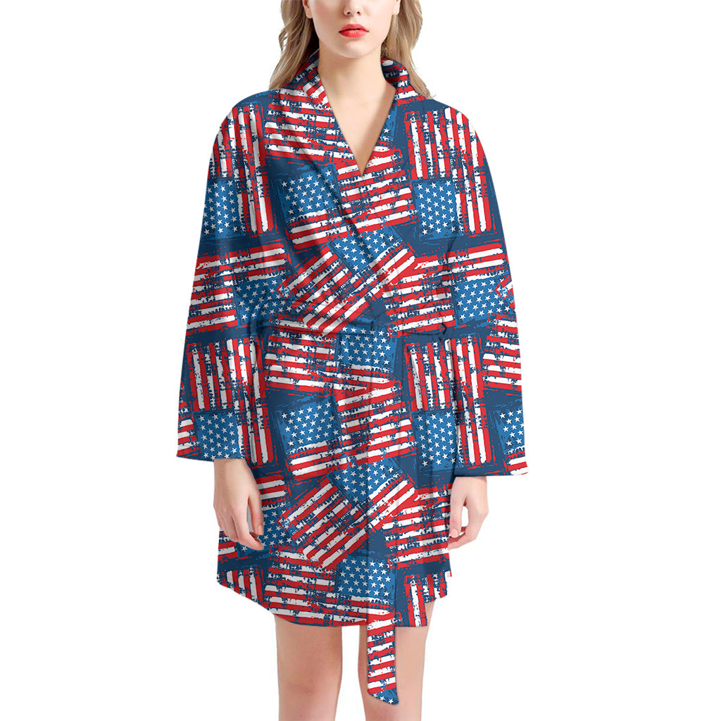 Grunge American Flag Pattern Print Women's Bathrobe