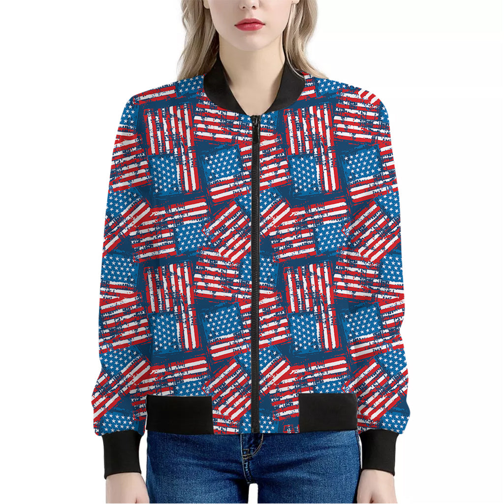 Grunge American Flag Pattern Print Women's Bomber Jacket