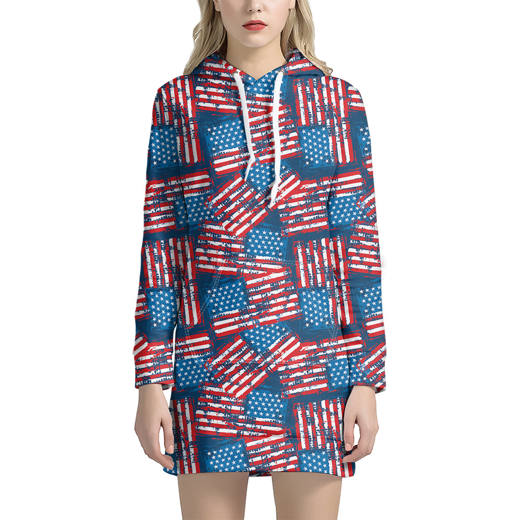 Grunge American Flag Pattern Print Women's Pullover Hoodie Dress