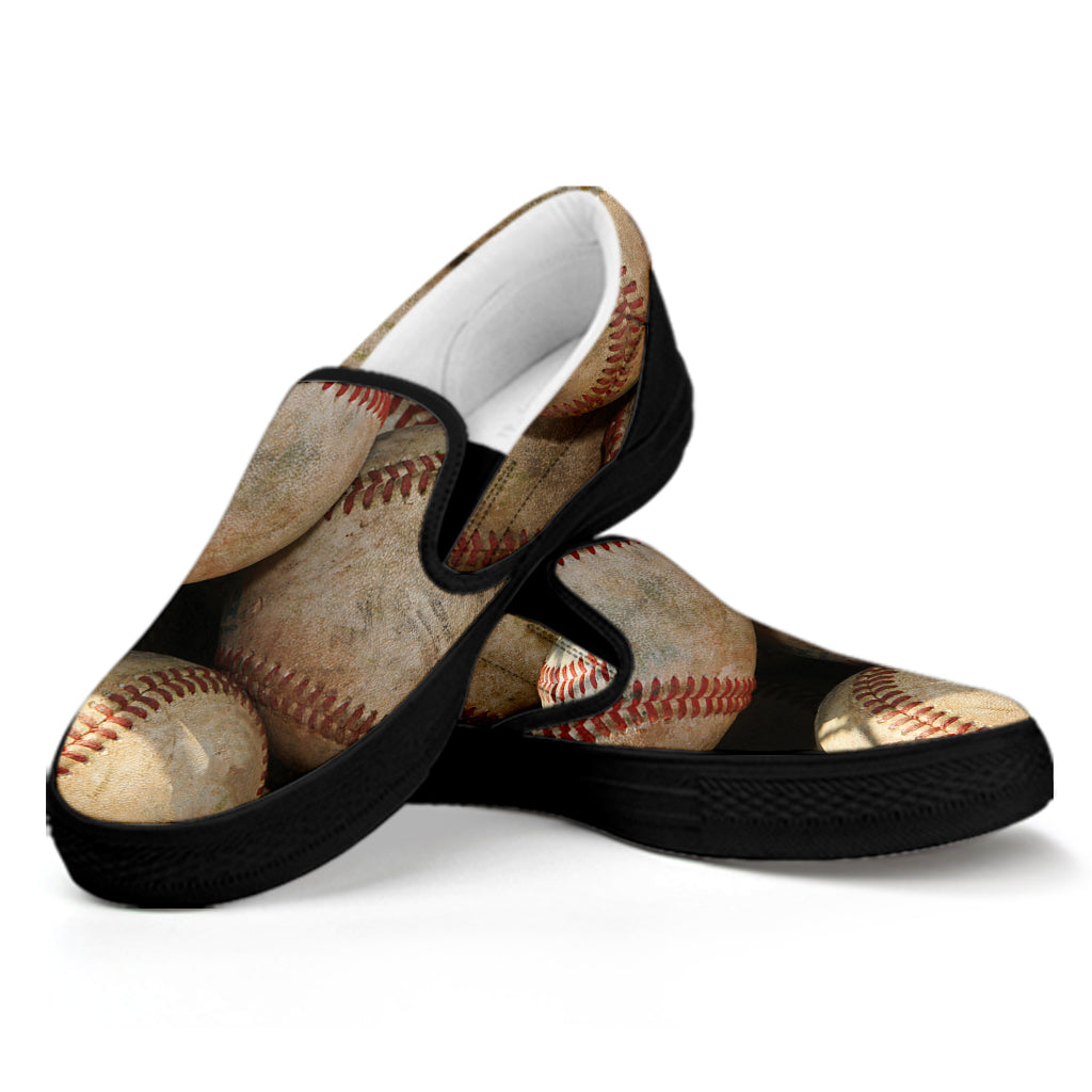 Grunge Baseballs Print Black Slip On Shoes