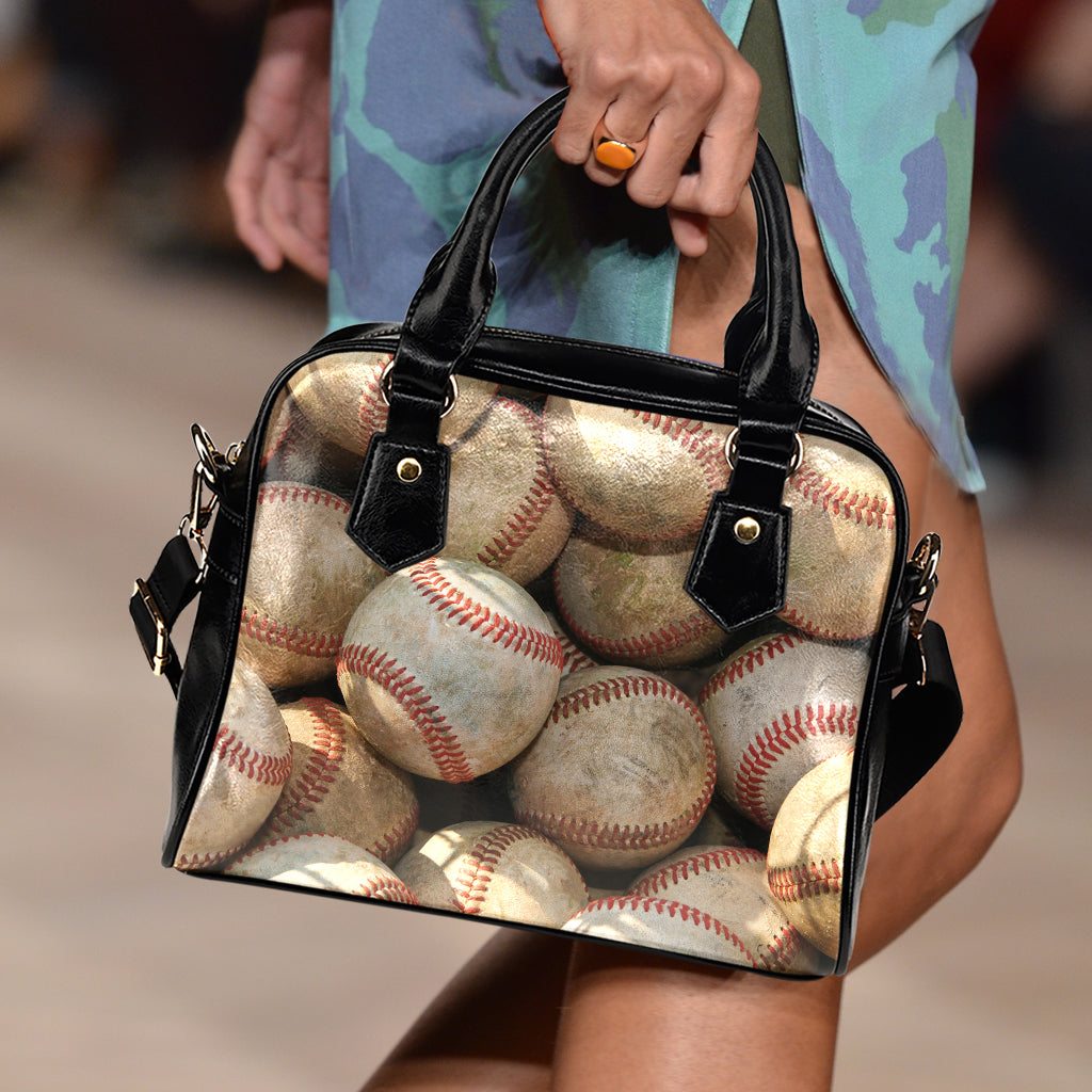 Grunge Baseballs Print Shoulder Handbag