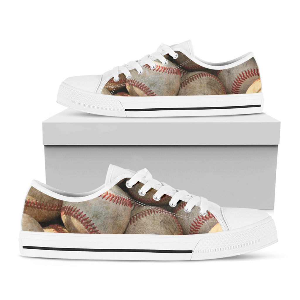 Grunge Baseballs Print White Low Top Shoes