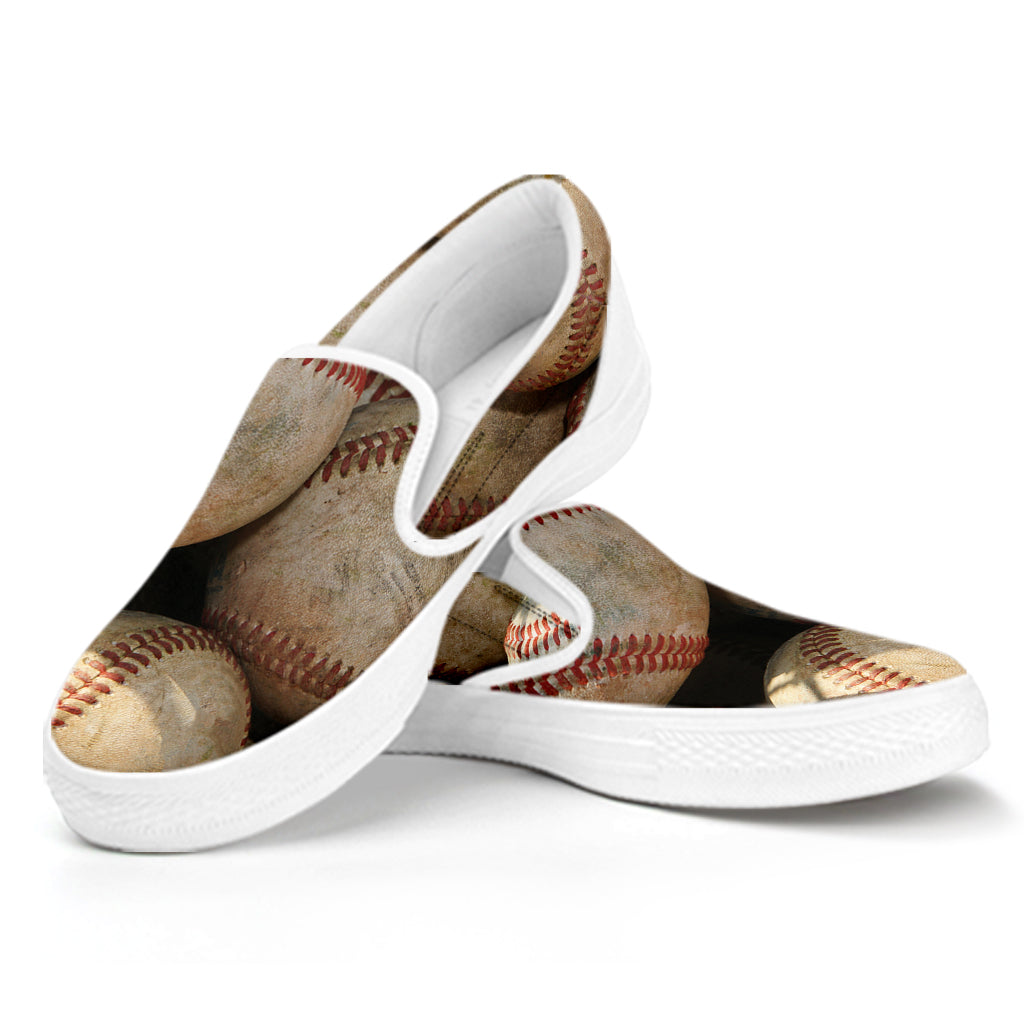 Grunge Baseballs Print White Slip On Shoes