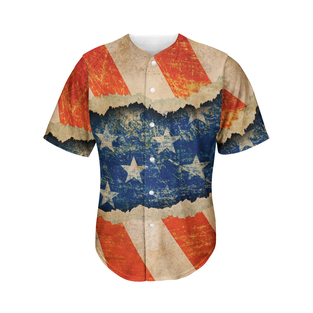 Grunge Ripped Paper American Flag Print Men's Baseball Jersey