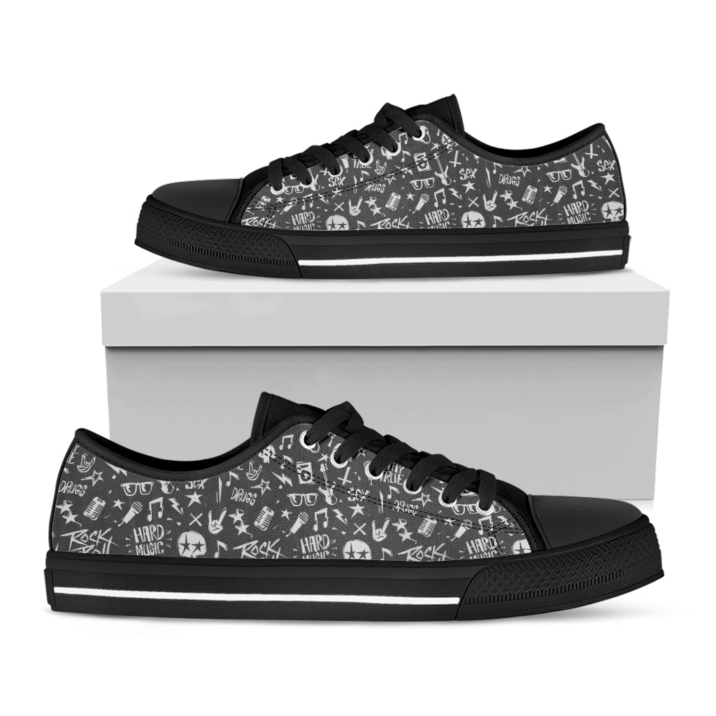 Grunge Rock And Roll Pattern Print Black Low Top Shoes