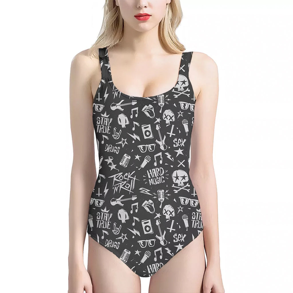 Grunge Rock And Roll Pattern Print One Piece Halter Neck Swimsuit