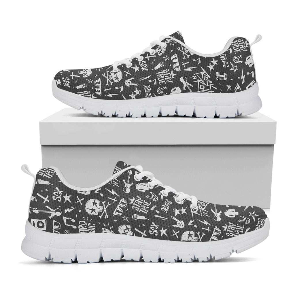 Grunge Rock And Roll Pattern Print White Sneakers