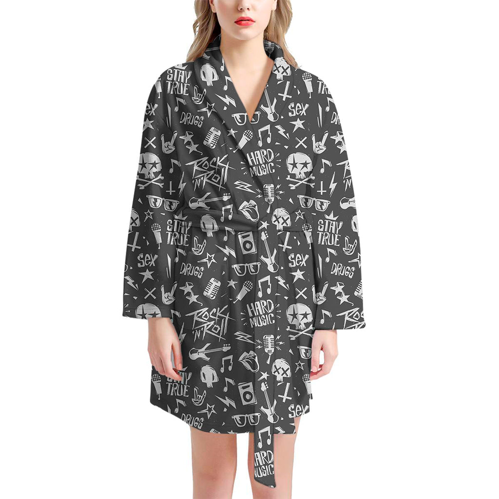 Grunge Rock And Roll Pattern Print Women's Bathrobe