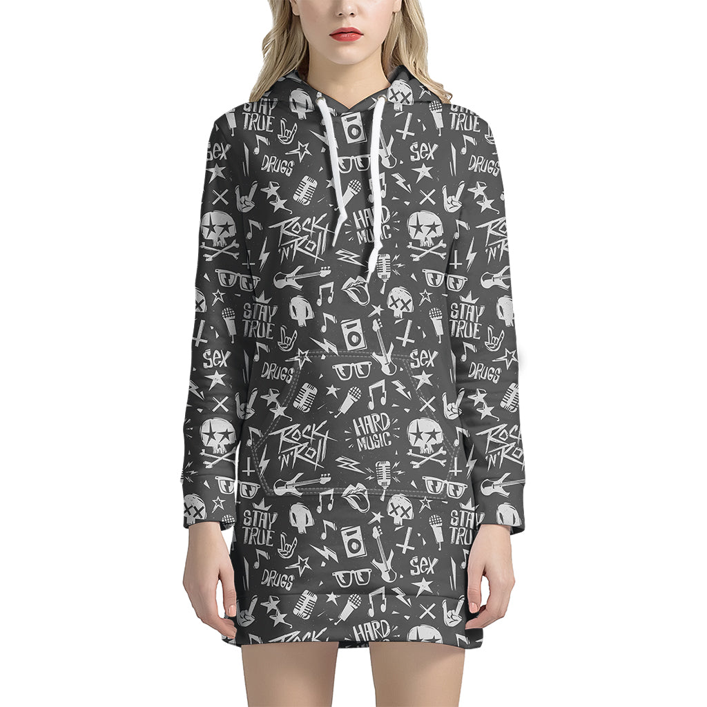 Grunge Rock And Roll Pattern Print Women's Pullover Hoodie Dress