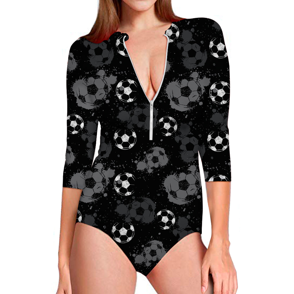 Grunge Soccer Ball Pattern Print Long Sleeve One Piece Swimsuit