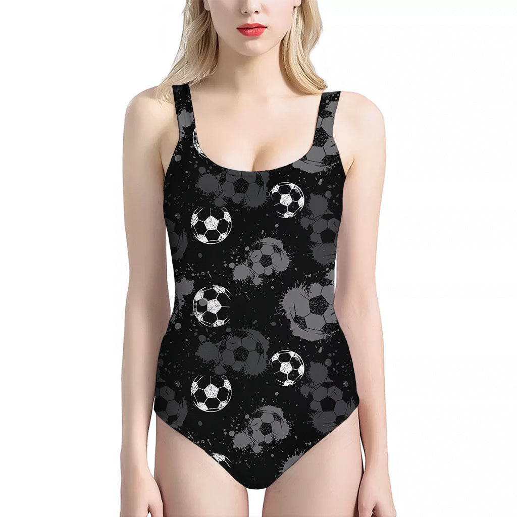 Grunge Soccer Ball Pattern Print One Piece Halter Neck Swimsuit