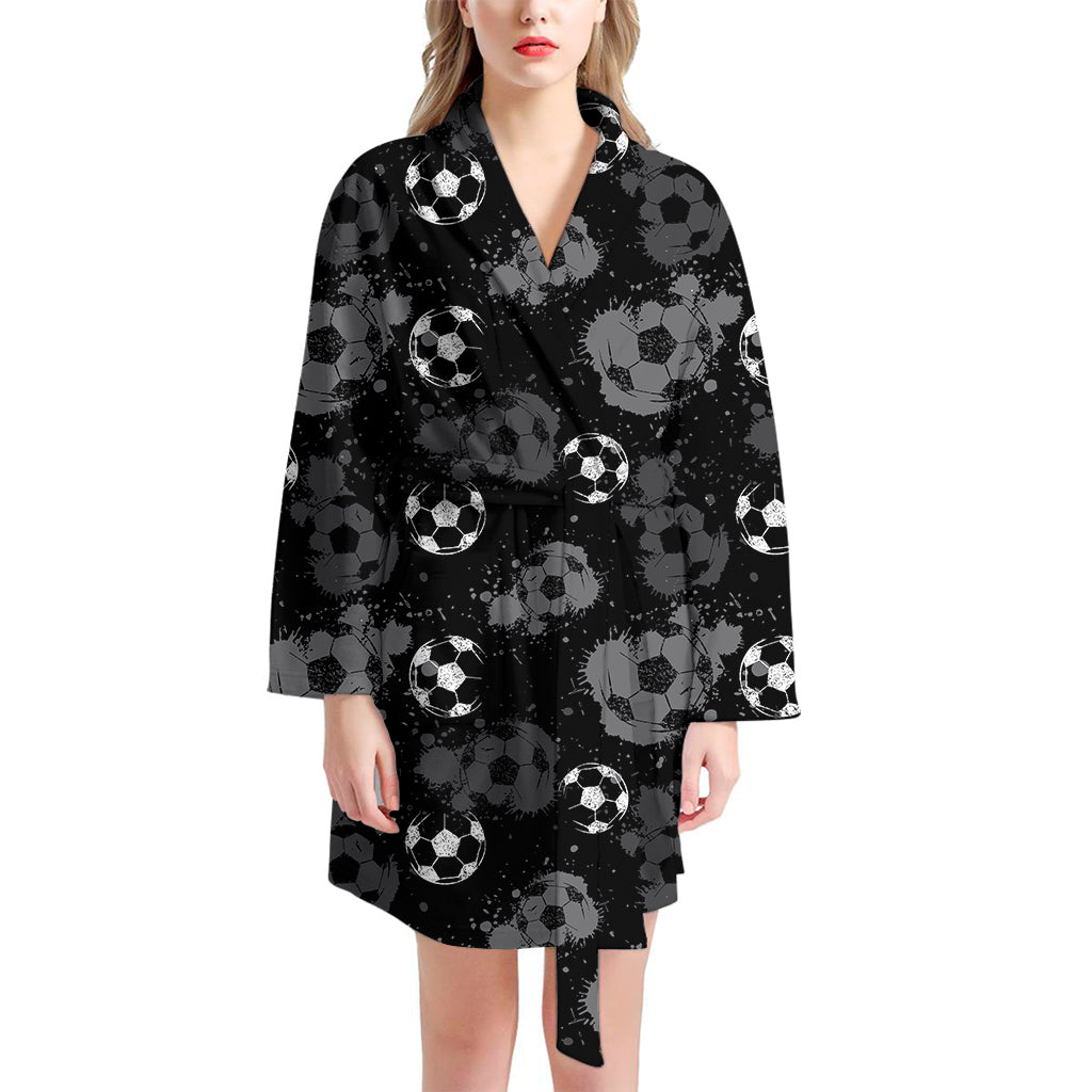 Grunge Soccer Ball Pattern Print Women's Bathrobe