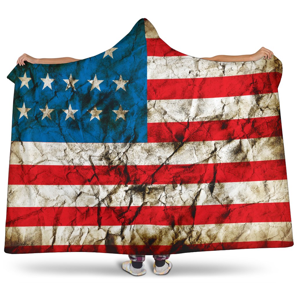 Grunge Wrinkled American Flag Patriotic Hooded Blanket