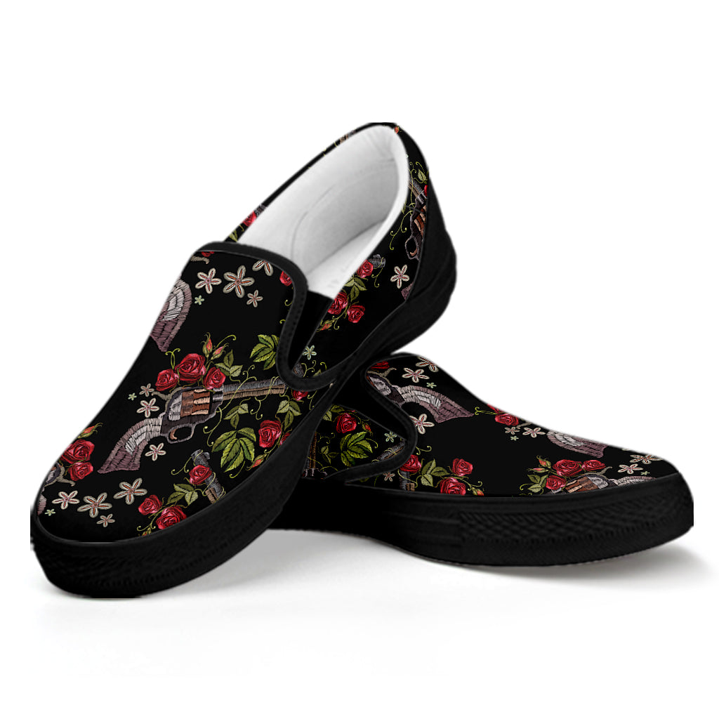 Guns And Flowers Pattern Print Black Slip On Shoes