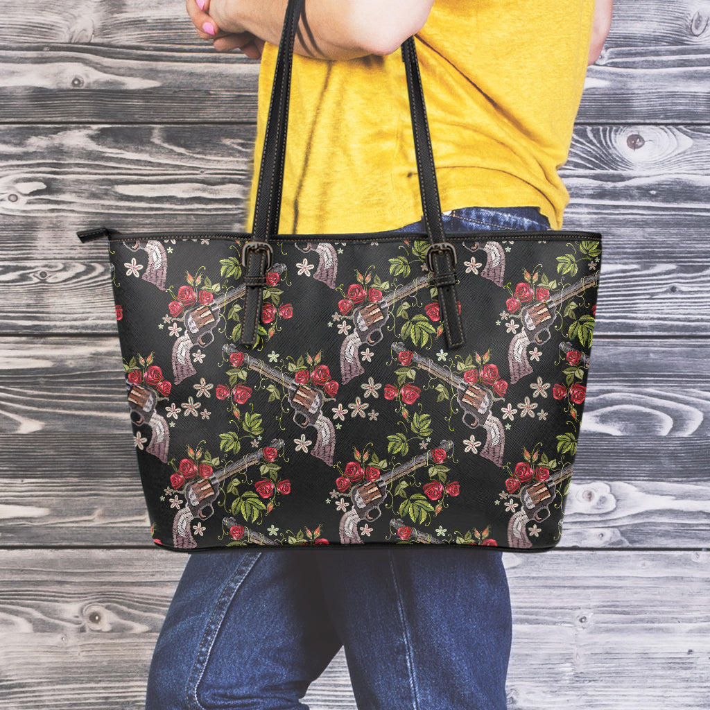 Guns And Flowers Pattern Print Leather Tote Bag