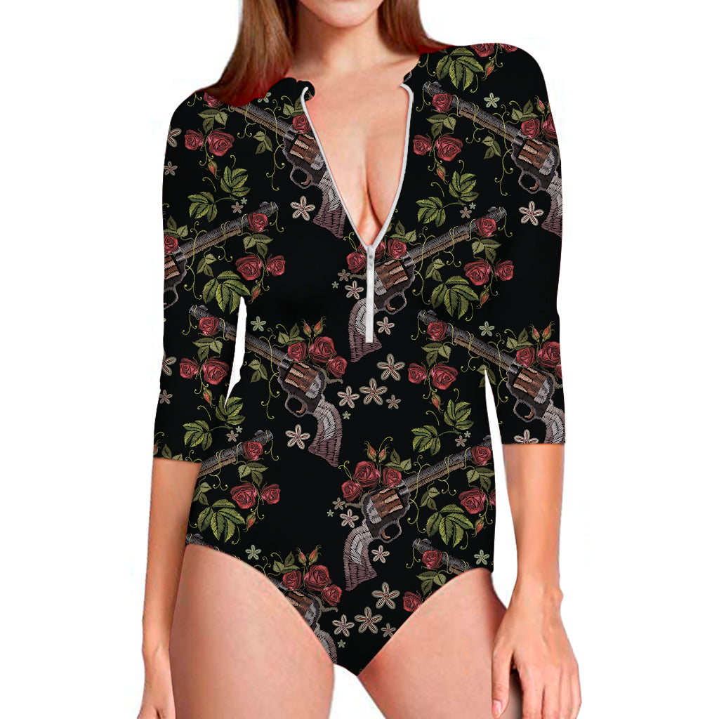 Guns And Flowers Pattern Print Long Sleeve One Piece Swimsuit