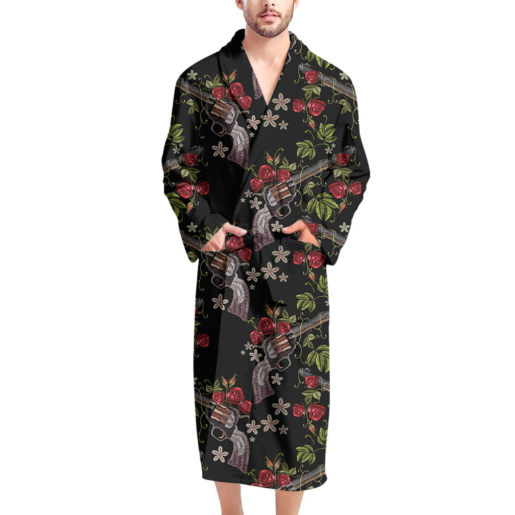 Guns And Flowers Pattern Print Men's Bathrobe