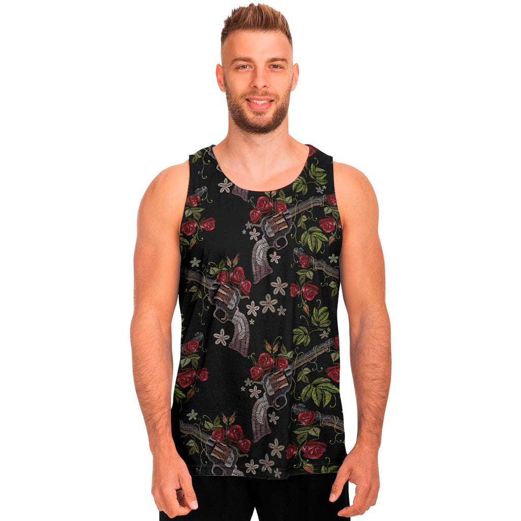 Guns And Flowers Pattern Print Men's Tank Top