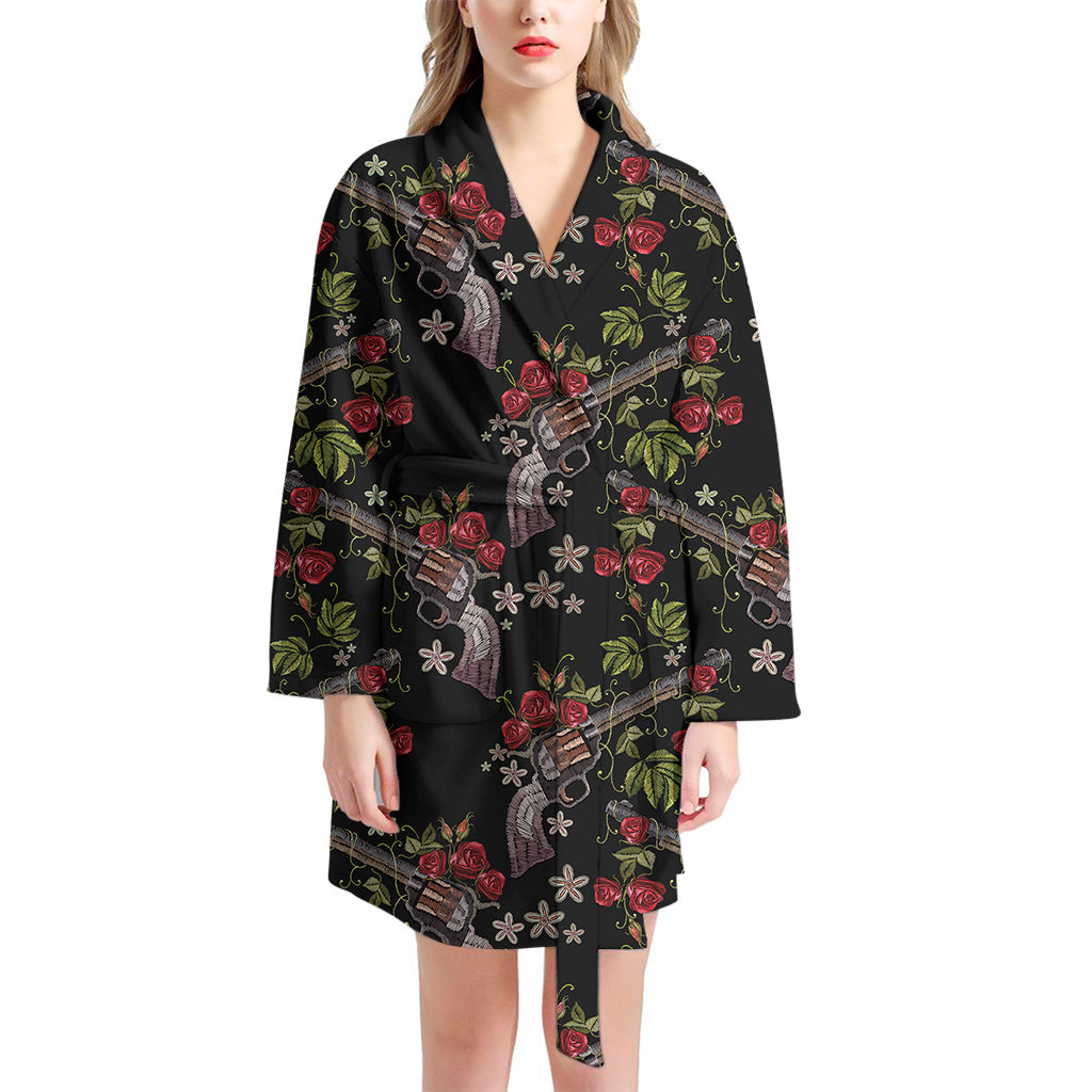 Guns And Flowers Pattern Print Women's Bathrobe