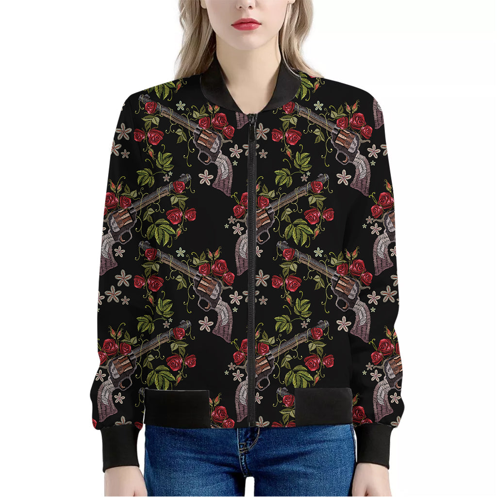 Guns And Flowers Pattern Print Women's Bomber Jacket