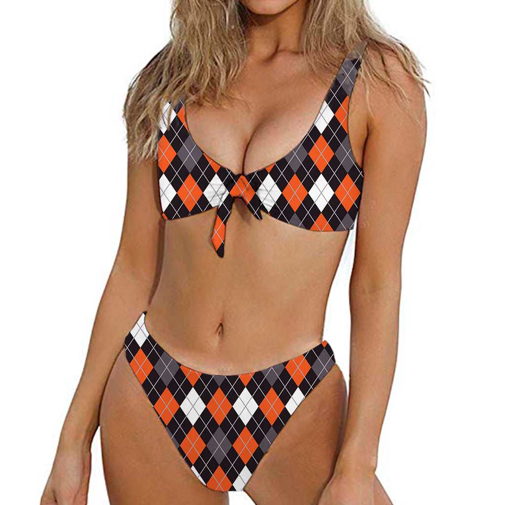 Halloween Argyle Pattern Print Front Bow Tie Bikini