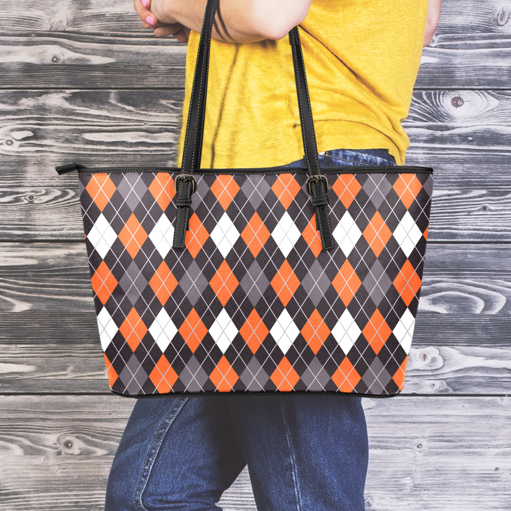 Halloween Argyle Pattern Print Leather Tote Bag