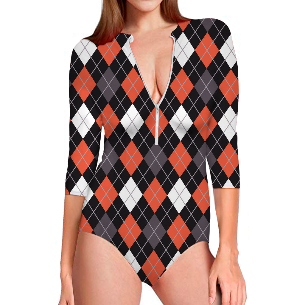 Halloween Argyle Pattern Print Long Sleeve One Piece Swimsuit