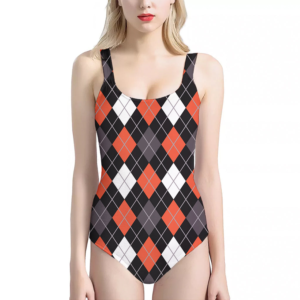 Halloween Argyle Pattern Print One Piece Halter Neck Swimsuit