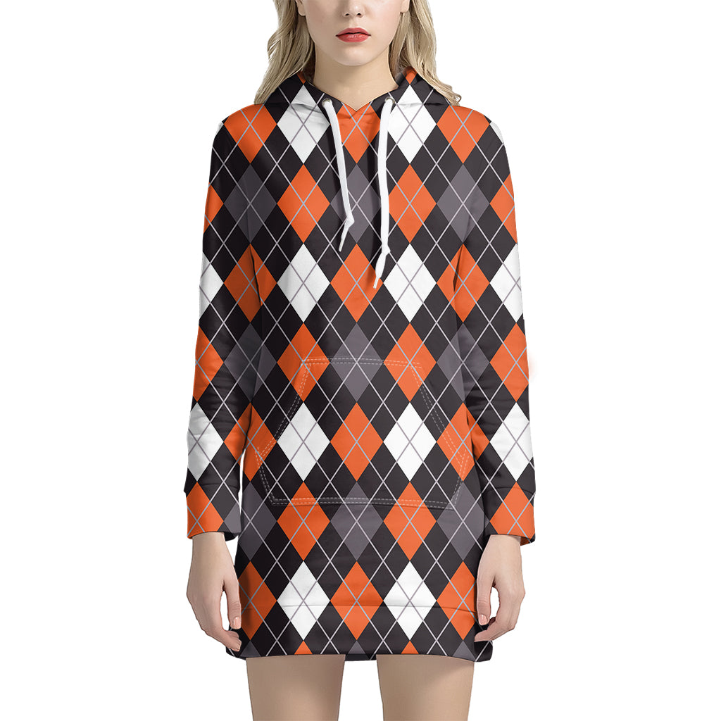 Halloween Argyle Pattern Print Women's Pullover Hoodie Dress