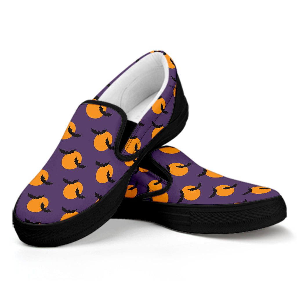 Halloween Bat And Moon Pattern Print Black Slip On Shoes