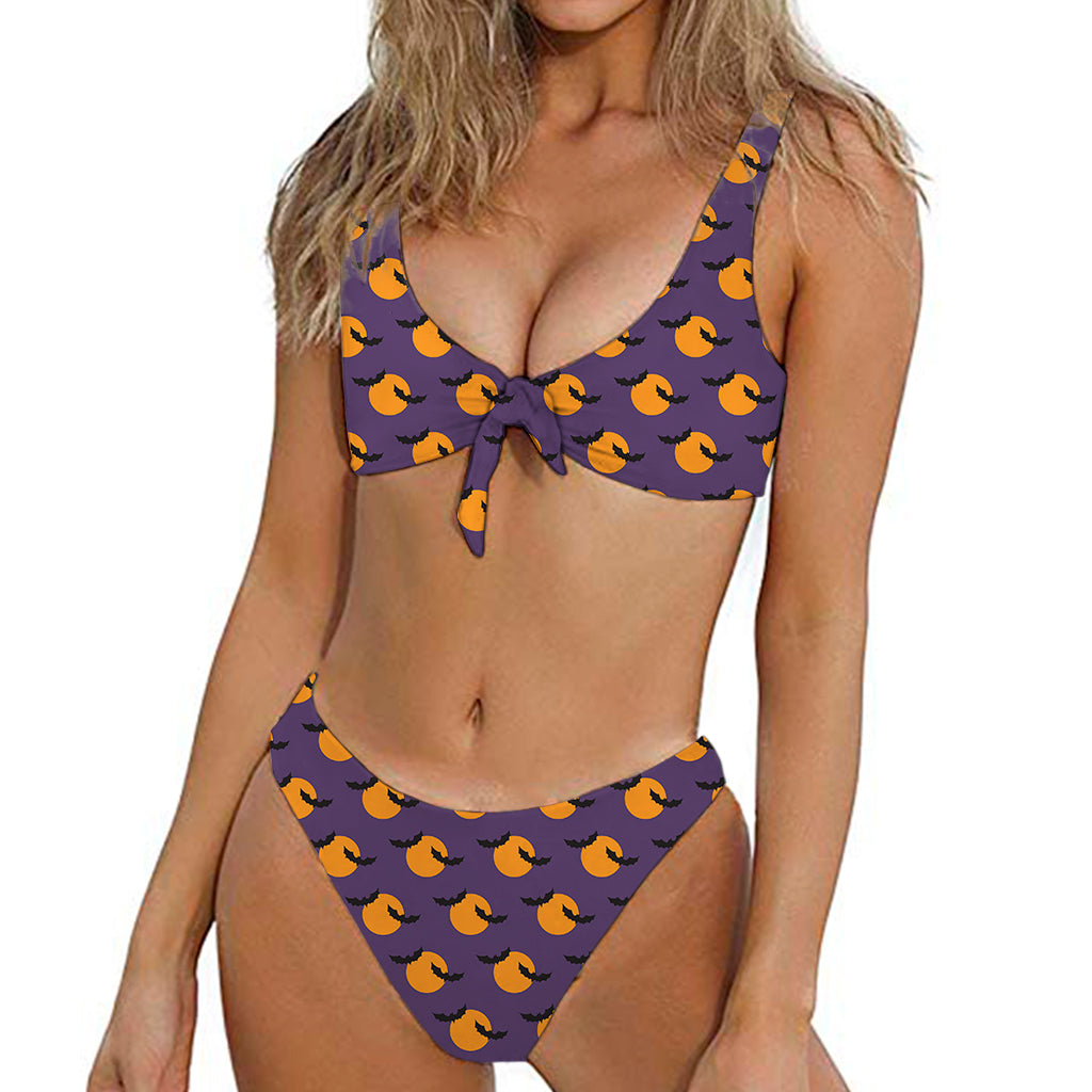 Halloween Bat And Moon Pattern Print Front Bow Tie Bikini