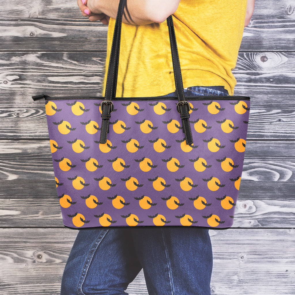 Halloween Bat And Moon Pattern Print Leather Tote Bag