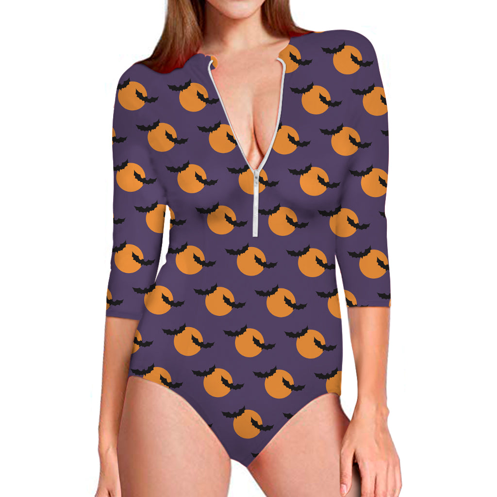 Halloween Bat And Moon Pattern Print Long Sleeve One Piece Swimsuit