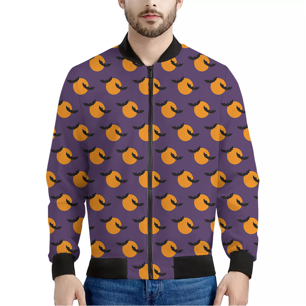 Halloween Bat And Moon Pattern Print Men's Bomber Jacket