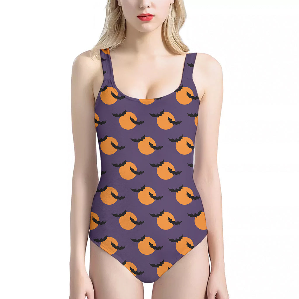 Halloween Bat And Moon Pattern Print One Piece Halter Neck Swimsuit