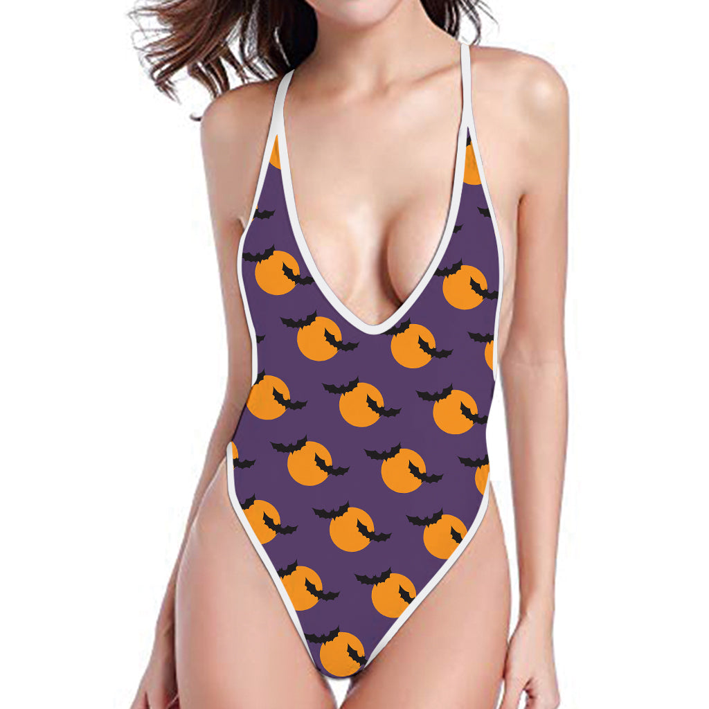 Halloween Bat And Moon Pattern Print One Piece High Cut Swimsuit