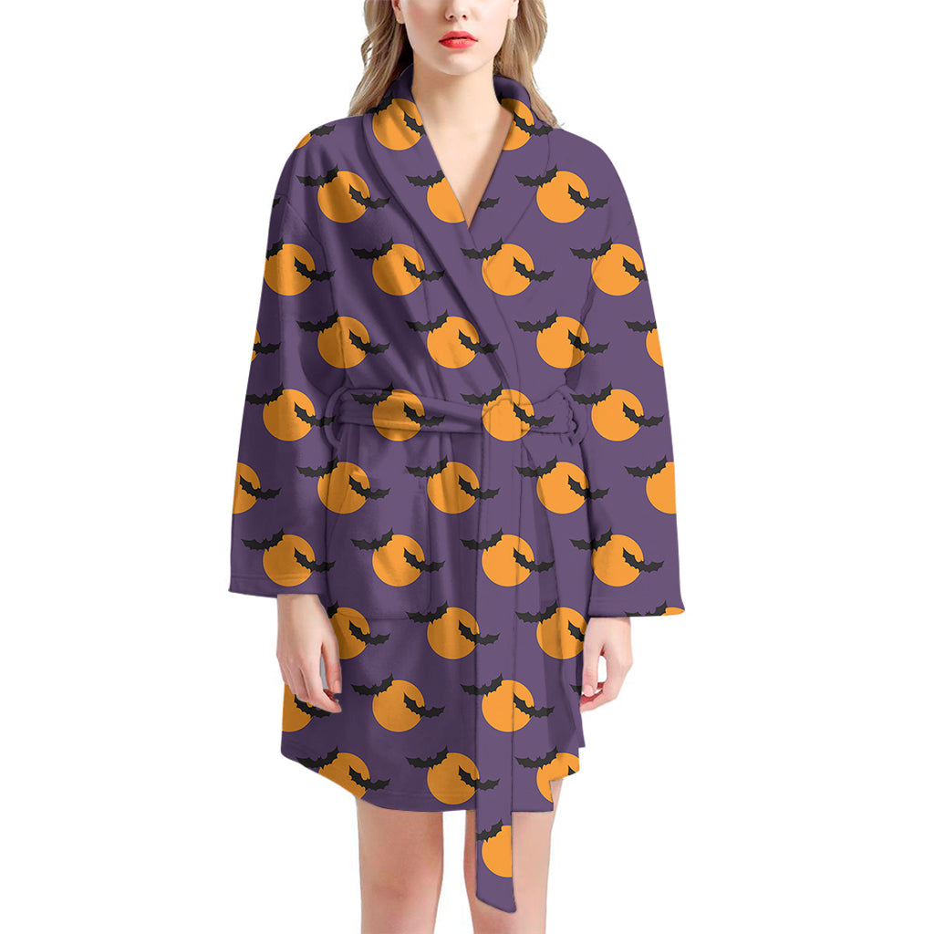 Halloween Bat And Moon Pattern Print Women's Bathrobe