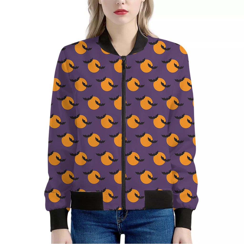 Halloween Bat And Moon Pattern Print Women's Bomber Jacket