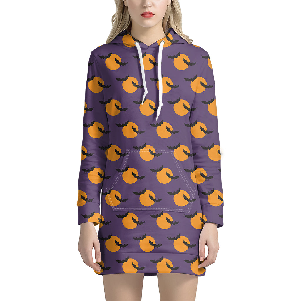 Halloween Bat And Moon Pattern Print Women's Pullover Hoodie Dress