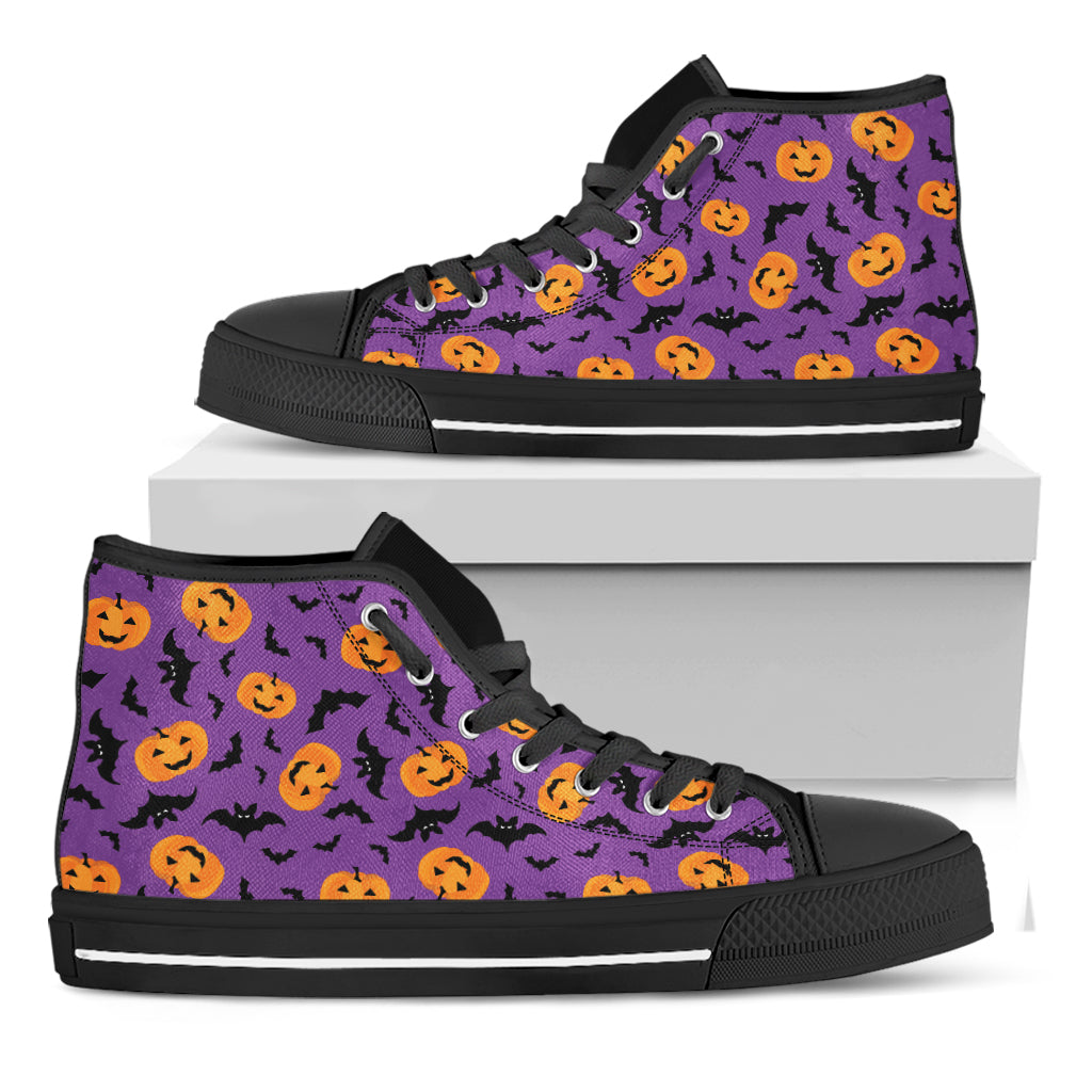 Halloween Bat And Pumpkin Pattern Print Black High Top Shoes