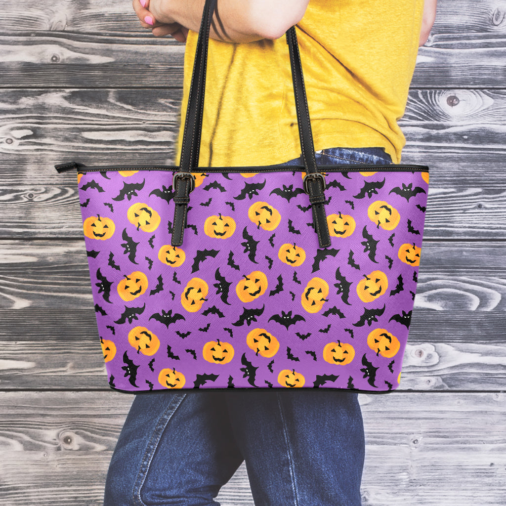 Halloween Bat And Pumpkin Pattern Print Leather Tote Bag