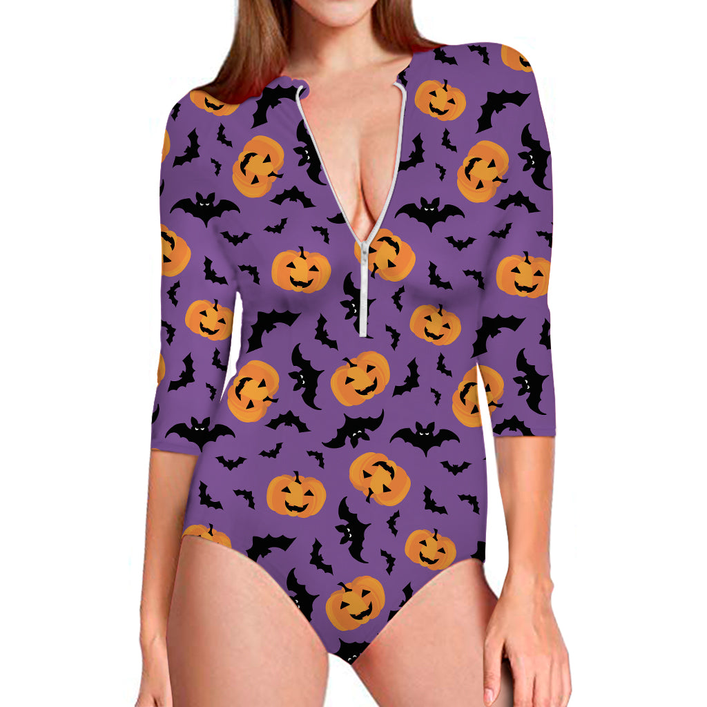 Halloween Bat And Pumpkin Pattern Print Long Sleeve One Piece Swimsuit