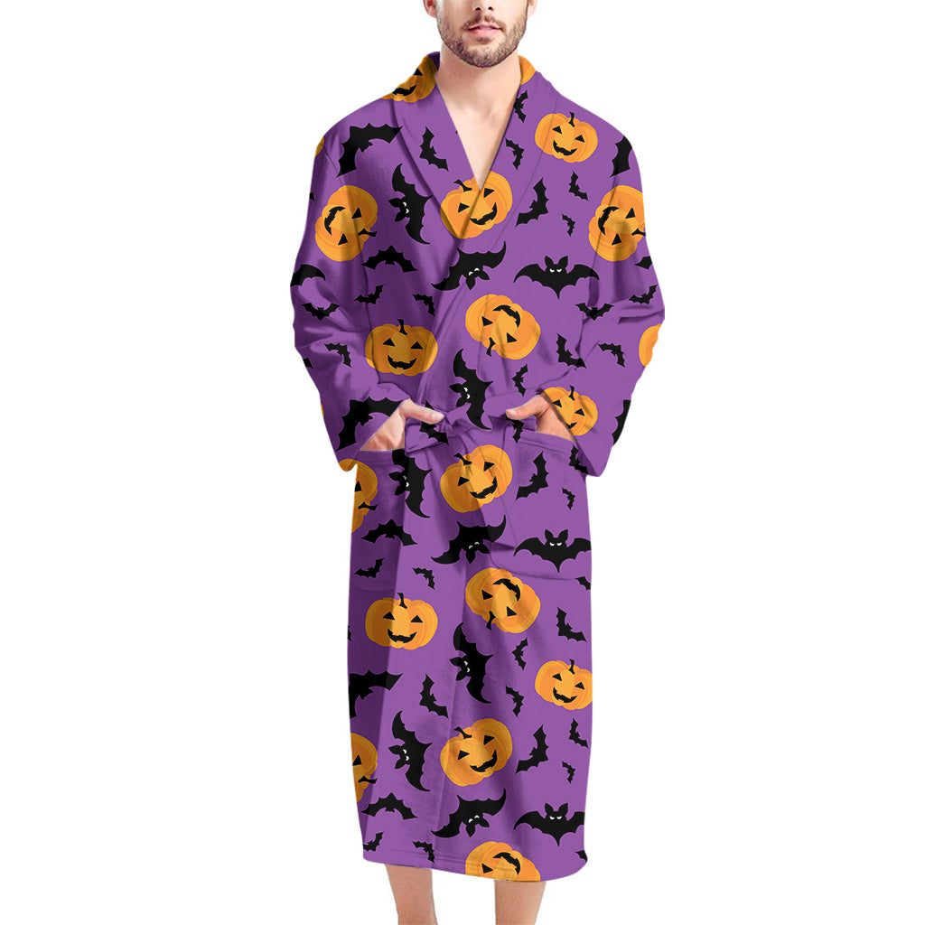 Halloween Bat And Pumpkin Pattern Print Men's Bathrobe