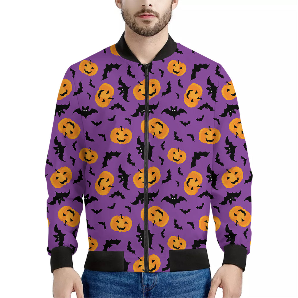 Halloween Bat And Pumpkin Pattern Print Men's Bomber Jacket