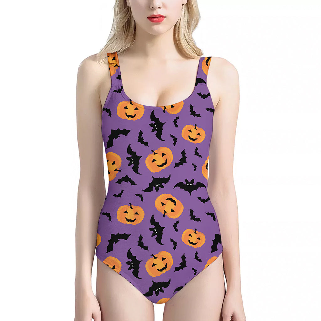 Halloween Bat And Pumpkin Pattern Print One Piece Halter Neck Swimsuit